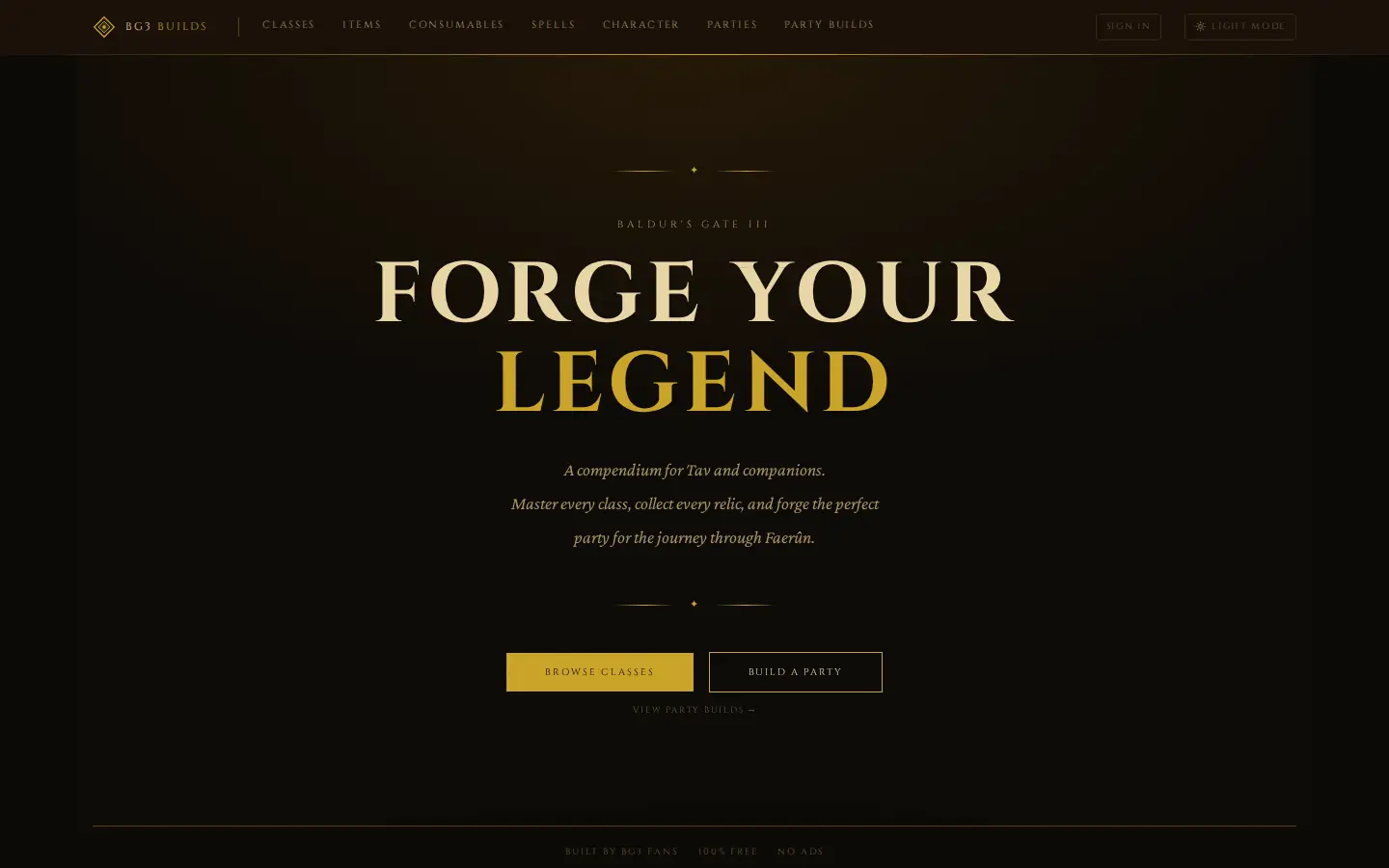 BG3 Builds home page, the Baldur’s Gate 3 build compendium