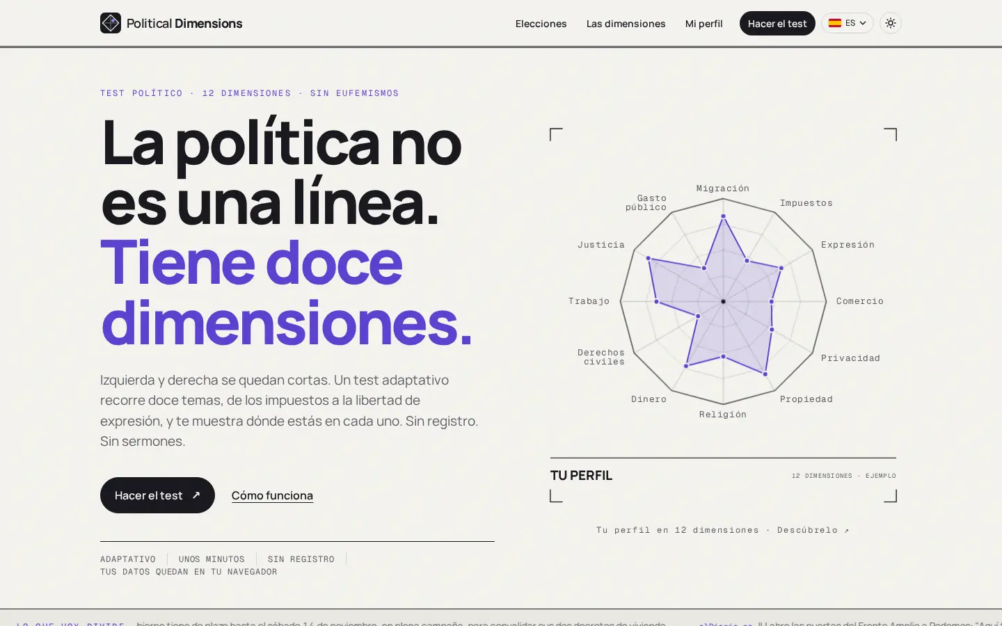 Political Dimensions home page with its twelve-dimension political chart