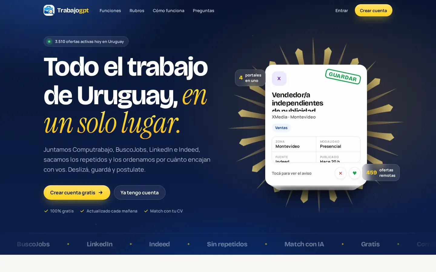 Trabajogpt home page, the search engine that gathers Uruguay’s job listings